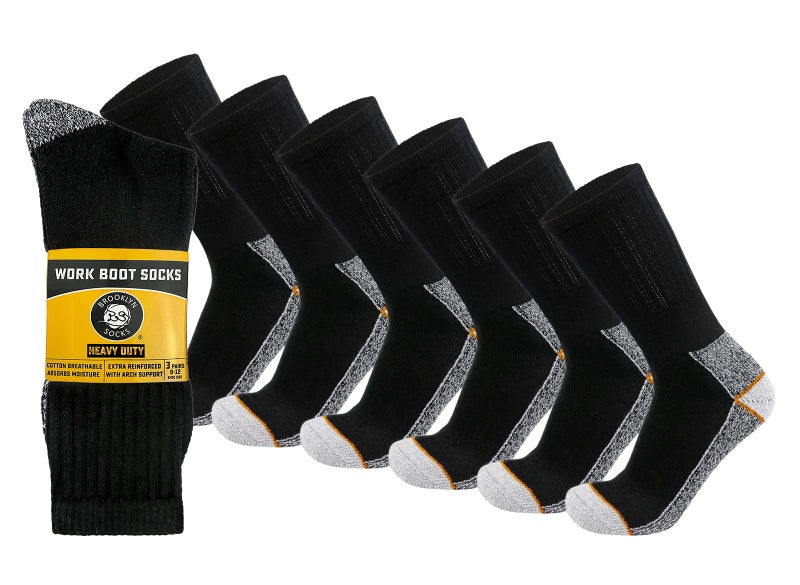 Brooklyn Socks 6 Pairs Mens Heavy Duty Steel Toe Work Crew Socks (Black, US Shoe Size 10.5-12) - Image 1
